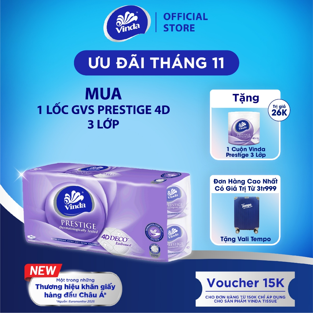 [ซื้อ 1 LOT GVS PRESTIGE 4D GET 1 ROLL FREE] Vinda Prestige 4D กระดาษชําระพรีเมี่ยม 3 ชั้น (8 ม้วน)