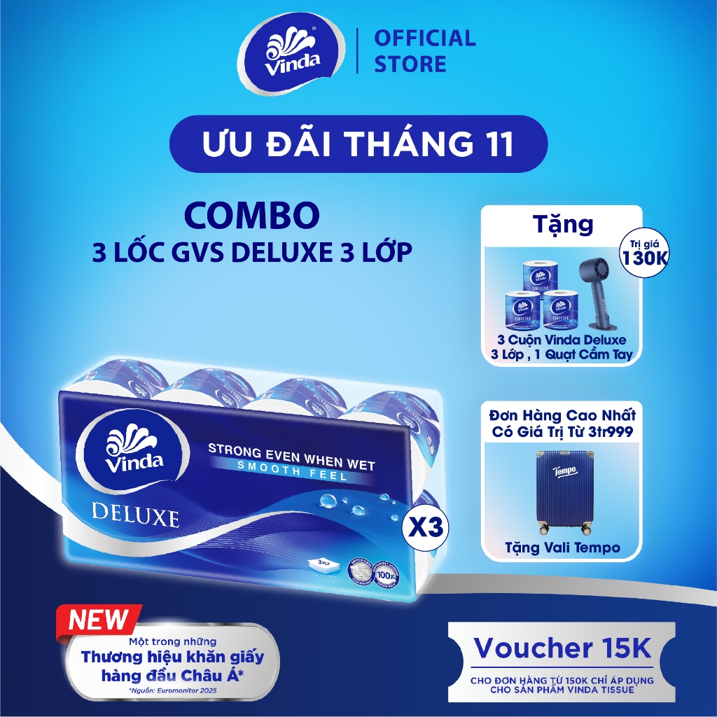 [ซื้อ 3 LOTS OF GVS DELUXE GET 3 ROLLS + 1 HANDHELD FAN] Vinda Deluxe กระดาษชําระระดับพรีเมียม 3 ชั้