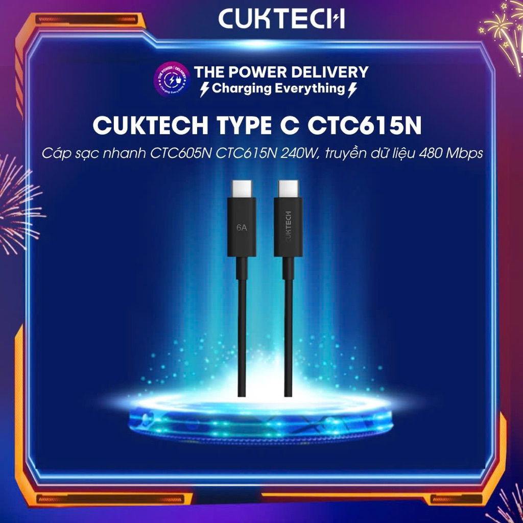 สายชาร์จเร็ว Cuktech Type C CTC605N CTC615N ความจุสูงสุด 240W ถ่ายโอนข้อมูล 480 Mbps, 18 เดือน