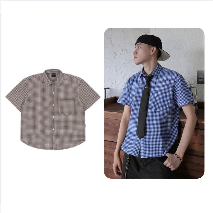 เสื้อเชิ้ตแขนสั้น Kayden Odin Club เสื้อเชิ้ตลายสก๊อตทรงกล่องผ้าลายสก๊อตหยาบ
