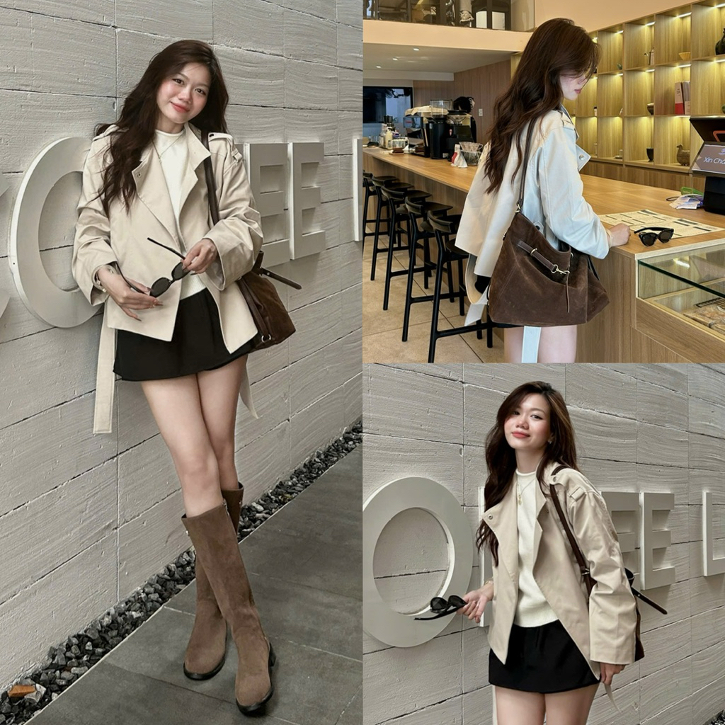 (OLDSCHOOL PHOTO) เสื้อแจ็คเก็ตมะม่วงสีเบจสั้นพร้อมเข็มขัด A654