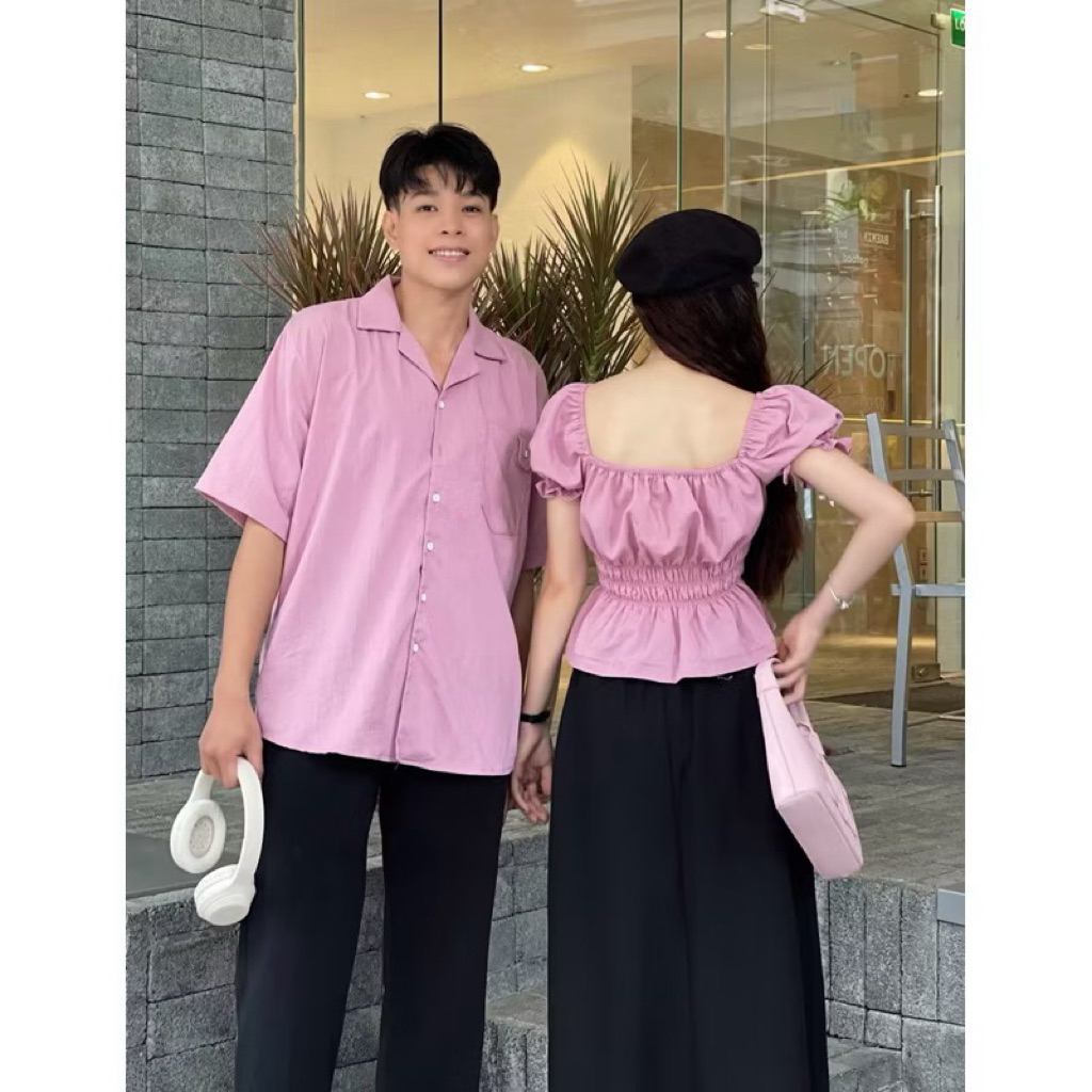 ชุดคู่ เสื้อปาดไหล่คอเหลี่ยมผู้หญิง + เสื้อเชิ้ตผู้ชายวัสดุเดียวกัน - รูปที่ 2