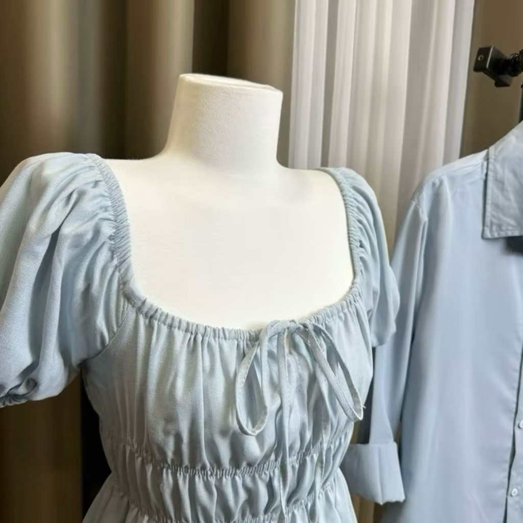 ชุดคู่ เสื้อปาดไหล่คอเหลี่ยมผู้หญิง + เสื้อเชิ้ตผู้ชายวัสดุเดียวกัน - รูปที่ 4