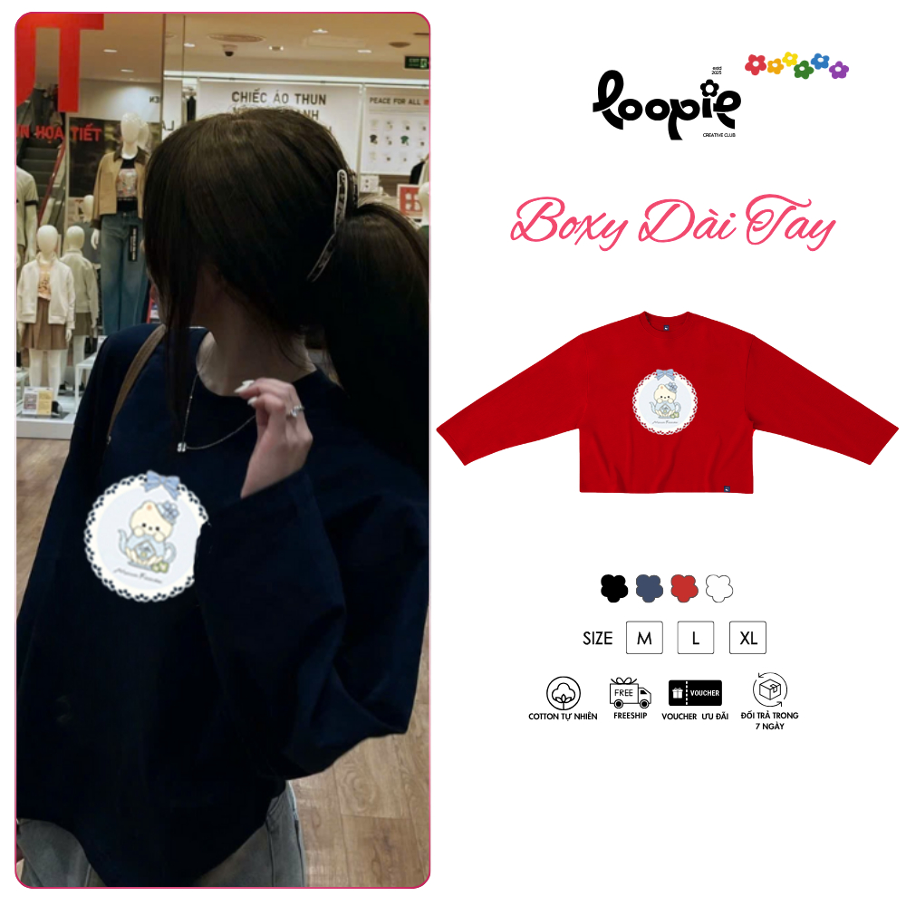 เสื้อยืด Boxy แขนยาวพิมพ์ลาย Sweet Puppy By Loopie Club BST187 ผ้าฝ้ายยืด 4 ทิศทางฤดูใบไม้ร่วงและฤดู