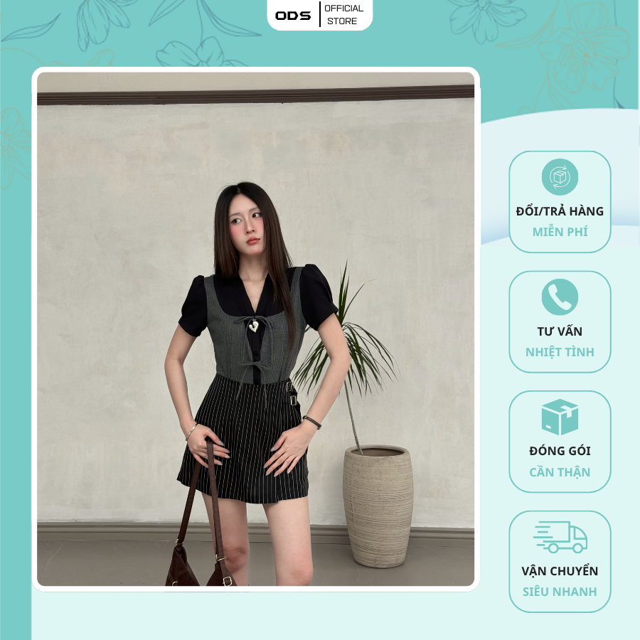 ODS ชุดเสื้อปลอมลายทางสีเทา ดีไซน์คอ U รักแร้รัดรูปมีโบว์ 2 ตัว ด้านในสีดํา ปกเชิ้ตจับจีบแขนสั้น - H