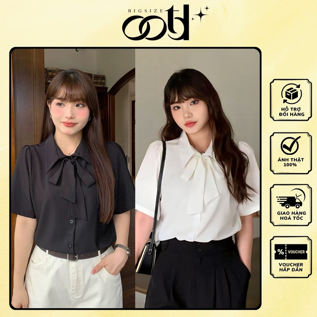 OOTD BIGSIZE - เสื้อเชิ้ตผู้หญิงไซส์ใหญ่คอปกแขนสั้นผูกโบว์สําหรับออฟฟิศ