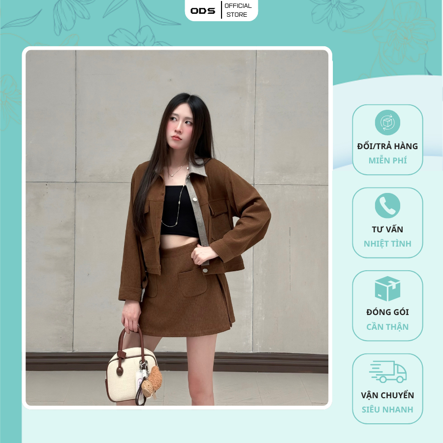 ODS เสื้อแจ็คเก็ตลายทางกํามะหยี่สีน้ําตาล มีกระเป๋าอก 2 ช่อง คอปกเชิ้ตมีซับในสีเทาติดกระดุมแขนยาว - 