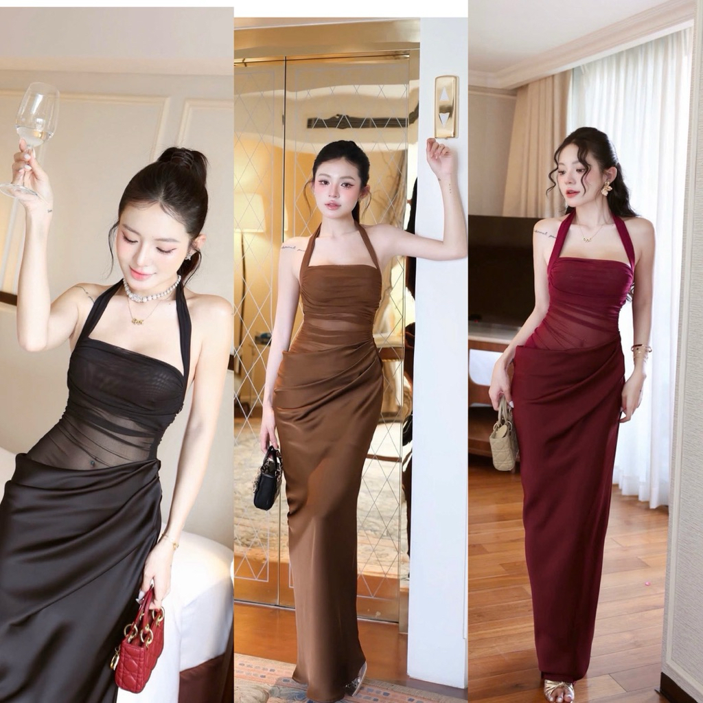 คอลเลคชั่นใหม่25🩵ชุดเดรสปาร์ตี้ตาข่ายคอและกระโปรงผ้าไหม-HKT2T-Store