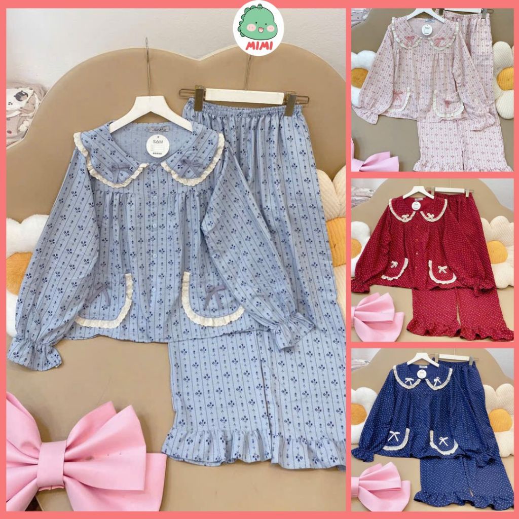 (HN12) ชุดกางเกงขายาวลายดอกไม้แขนยาวคอปกดอกบัว MiMi