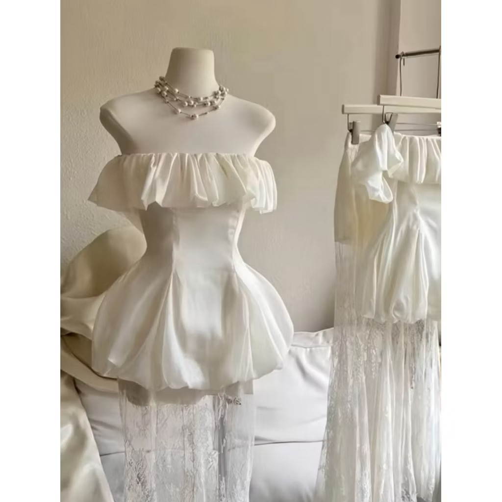 (แยก) Flared Official Lady Blouse Set with Lace Fishtail Skirt - Top Pretty Set