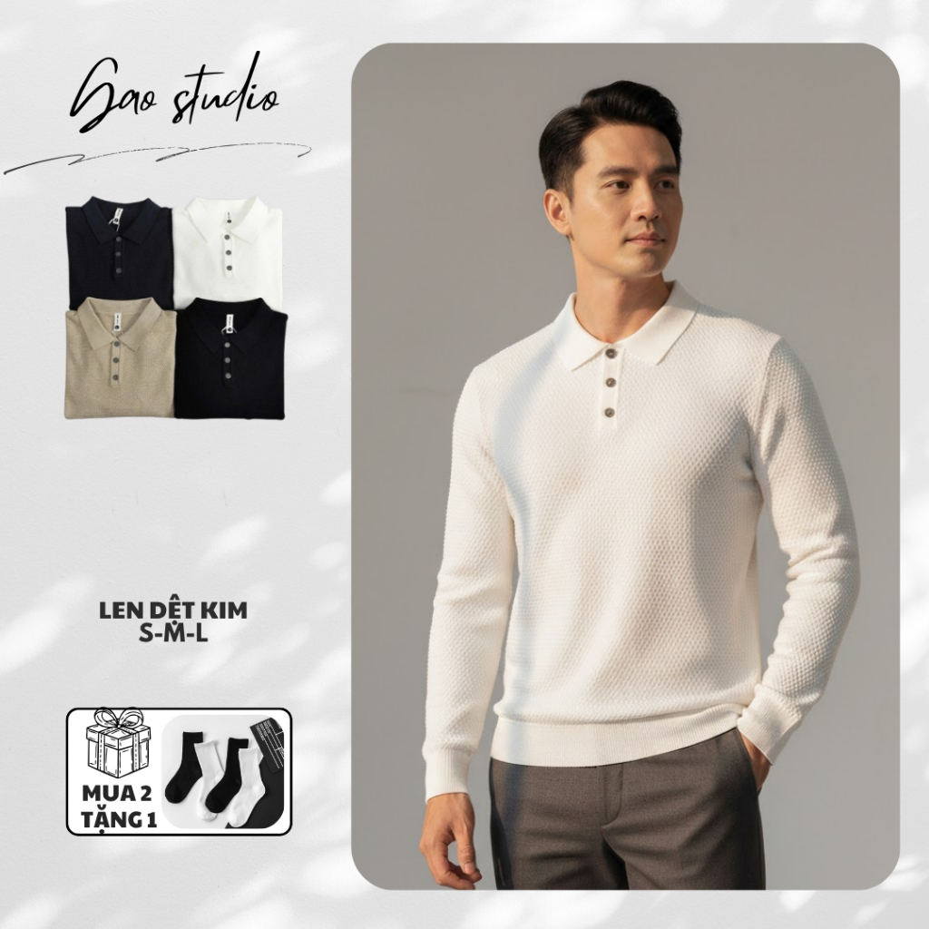 GAO studio เสื้อโปโลแขนยาวผู้ชายฤดูใบไม้ร่วงฤดูหนาวถักด้วยขนสัตว์ผ้าฝ้ายเนื้อนุ่มคุณภาพสูง G009