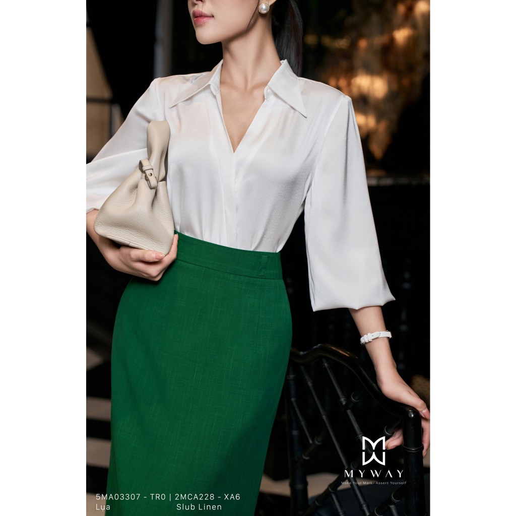 MY WAY เสื้อเชิ้ตผ้าไหมคอปกแขนยาว Pure Grace Office หรูหราและขุนนาง 5MA03307