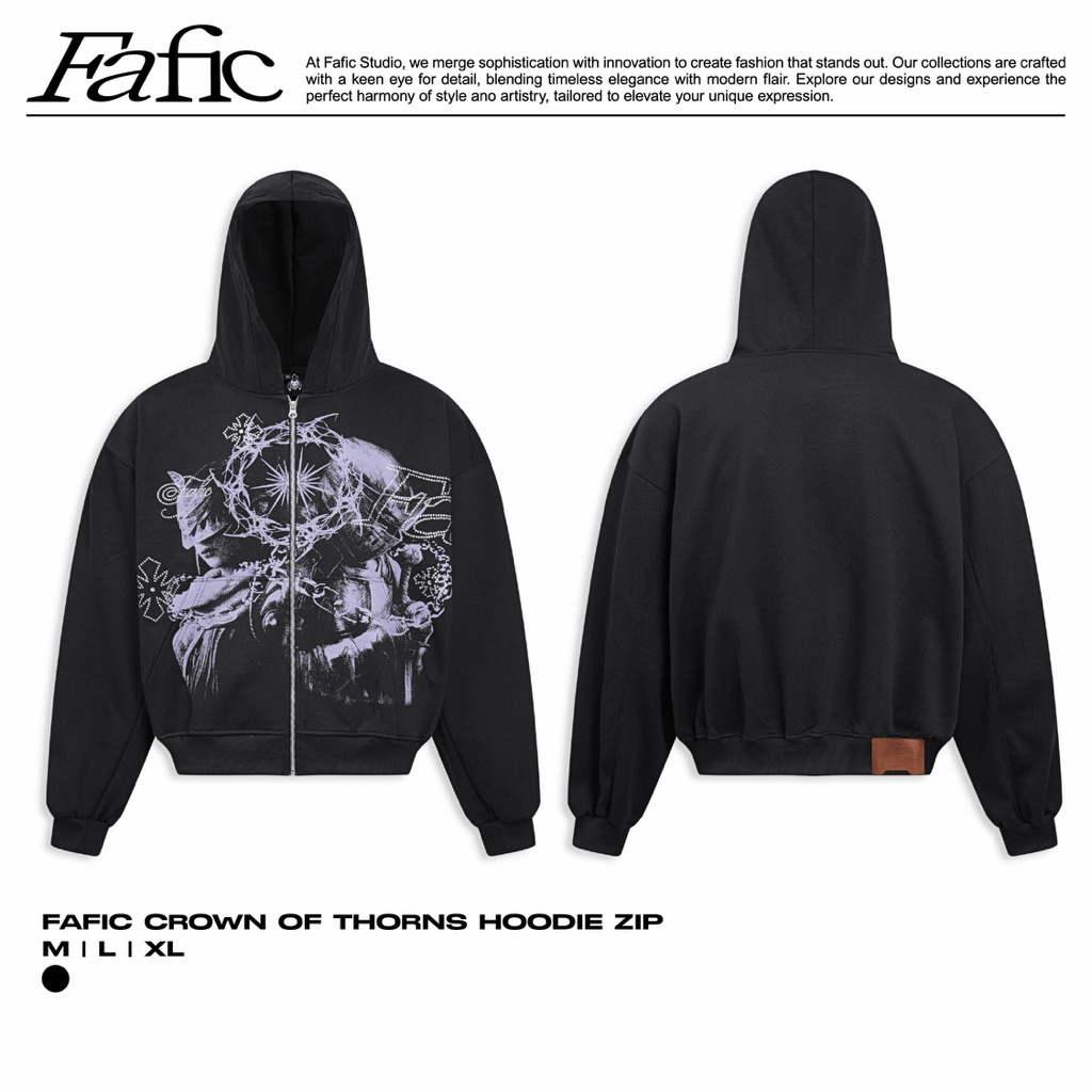 CROWN OF THORNS ZIP HOODIE FAFIC STUDIO เสื้อแจ็คเก็ตซิปสตรีท, ผ้าสักหลาดปูหนา, รูปทรง BOXY, สไตล์ Unisex