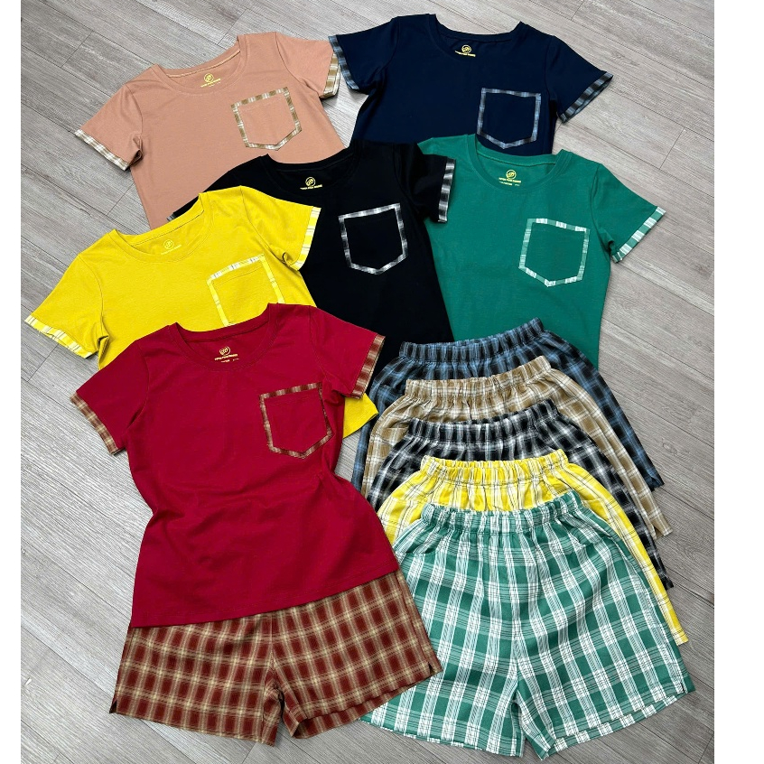 TPS262(M.6XL) ชุดทองผู้หญิง ชุดทอง สําหรับสวมใส่ในบ้านพร้อมเสื้อยืดคอกลมผ้าฝ้ายและกางเกงลายตารางหมาก