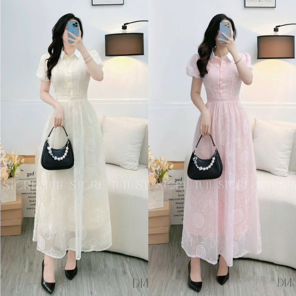 TuTu Store Design ชุดเดรสคอปกเชิ้ตผ้าไหมปักลายเหมาะสําหรับออกไปข้างนอกสําหรับผู้หญิง - รหัส D1437