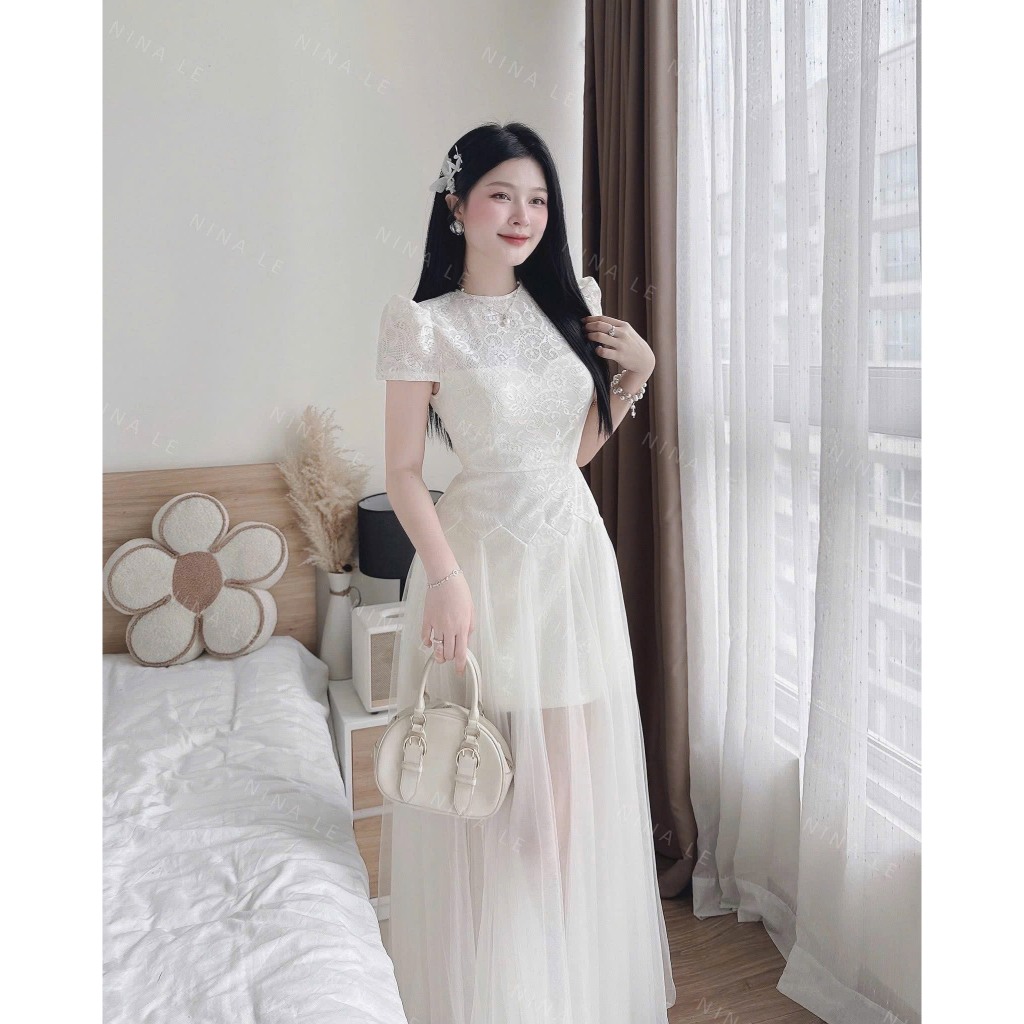 ชุดเดรสเรียบหรูสไตล์เลดี้ไลค์คอกลมแขนสั้นแขนยาวและเดรสลูกไม้ตาข่ายบาน MINHANH.BOUTI DD328