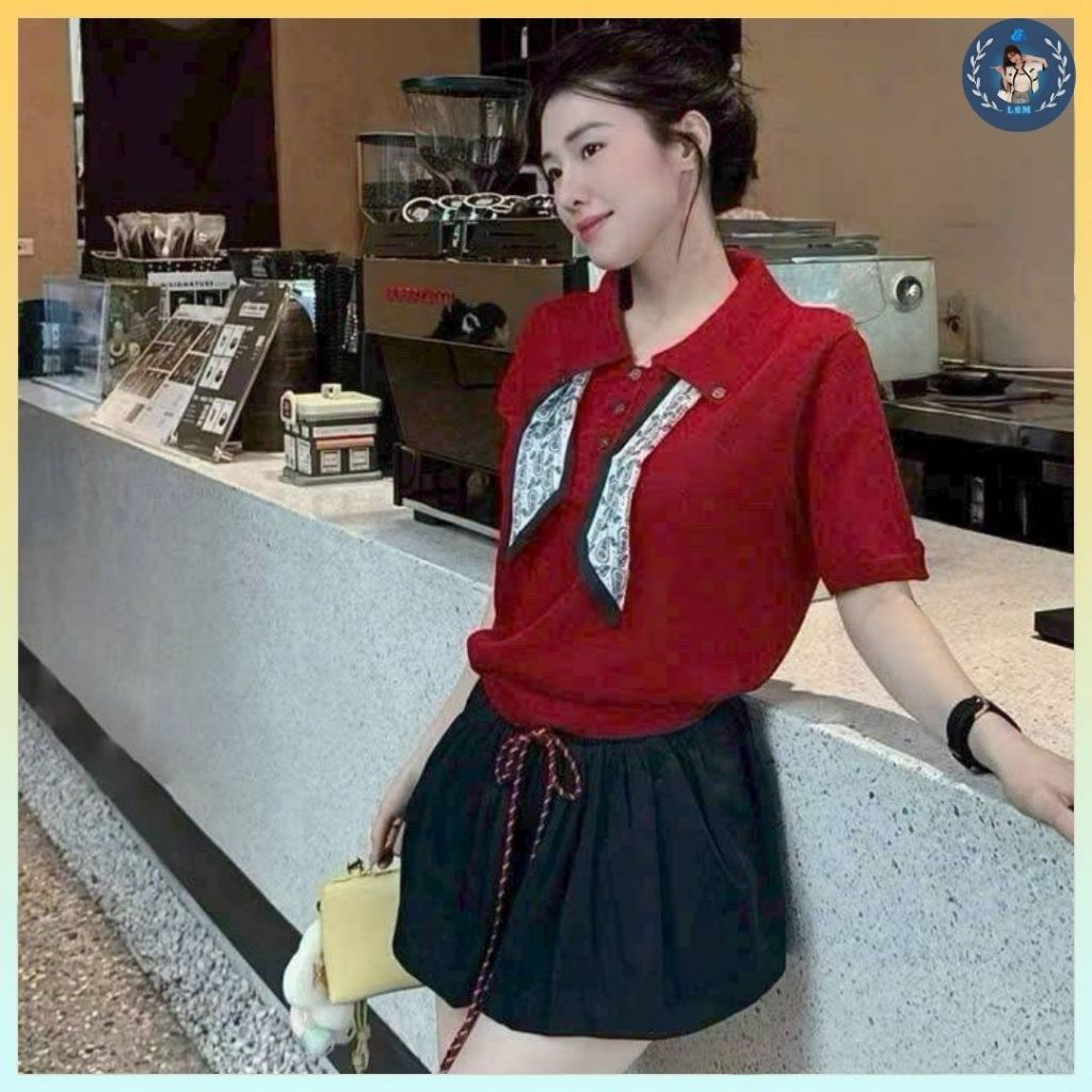 [A490] เสื้อสเวตเตอร์ถักผู้หญิง Montoghi หรูหราและน่ารักพร้อมคอปกและผ้าพันคอ 2 ปุ่มพร้อม LOGO - L2M