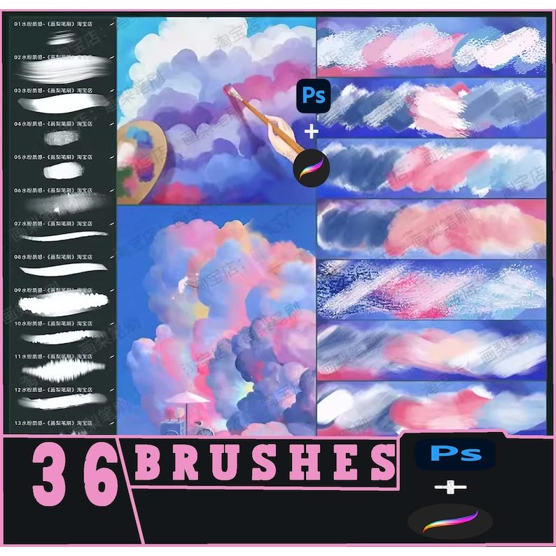 Gouache Brush & Watercolor: Procreate, Photoshop (แปรง 36 ชิ้น)