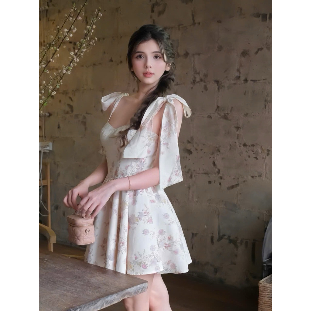 Bechic - เดรสสั้นลายดอกไม้ Ladys, Flared Bustier, โบว์ไหล่โรแมนติก, ชีฟองผ้าไหมคุณภาพสูง