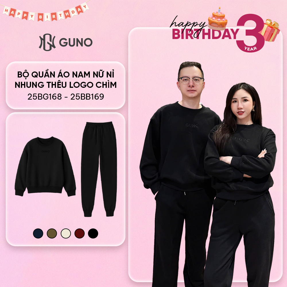 GUNO ชุดขนแกะบุกํามะหยี่สําหรับผู้ชายและผู้หญิง อุ่นสุดๆ คอกลม ปักโลโก้พร้อมชาย SP5 25BG168/BB169