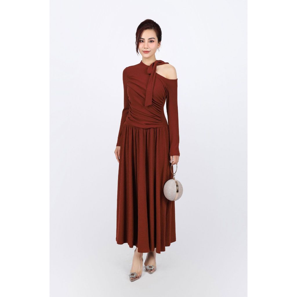 FDD9156 - เดรสถักผ้าขนสัตว์คุณภาพสูงคอตรงผูกโบว์เพื่อสร้างกระโปรงจีบบาน - ปาทิโอ