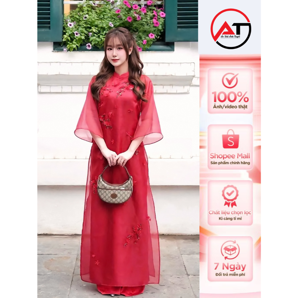 นวัตกรรม ao dai ผ้าไหม ao dai พร้อมดอกไม้แอปริคอท ไซส์ S - 3XL