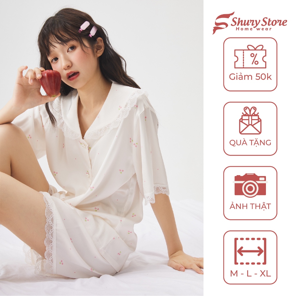 Shury Store Home Wear NT20 ชุดนอนผ้าไหมผู้หญิงแขนสั้นกางเกงขาสั้นลูกไม้ชุดนอนผ้าไหมสําหรับ Home Wear