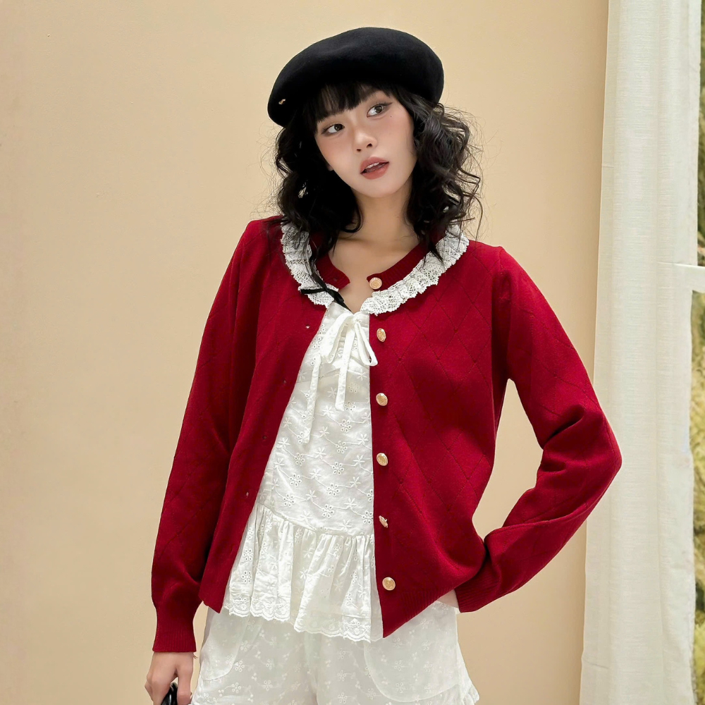 Fya Mieu Est.2013 เสื้อคาร์ดิแกนผู้หญิงคอปกโบว์ลูกไม้สีดําสไตล์เกาหลี