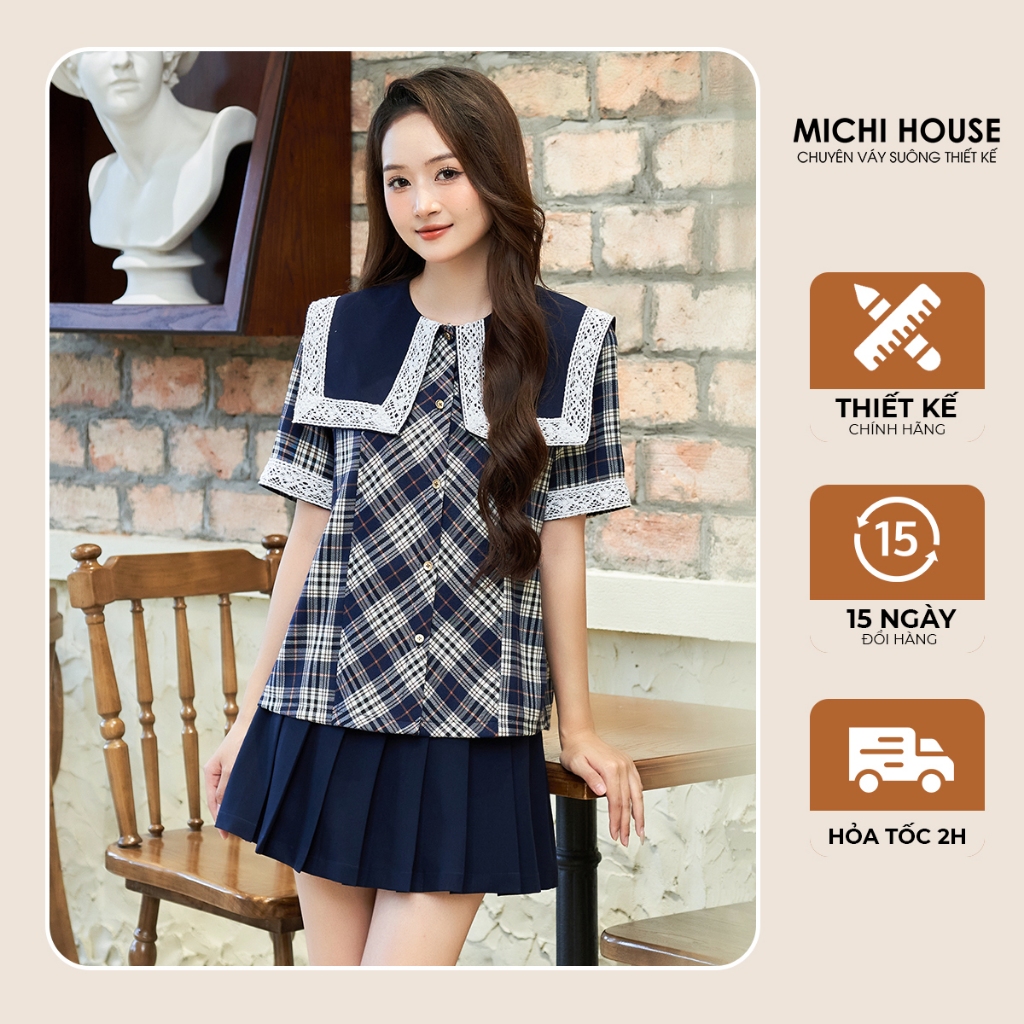 MICHI HOUSE Blouse เสื้อเชิ้ตแขนสั้นคอปกลูกไม้หรูหรา A88