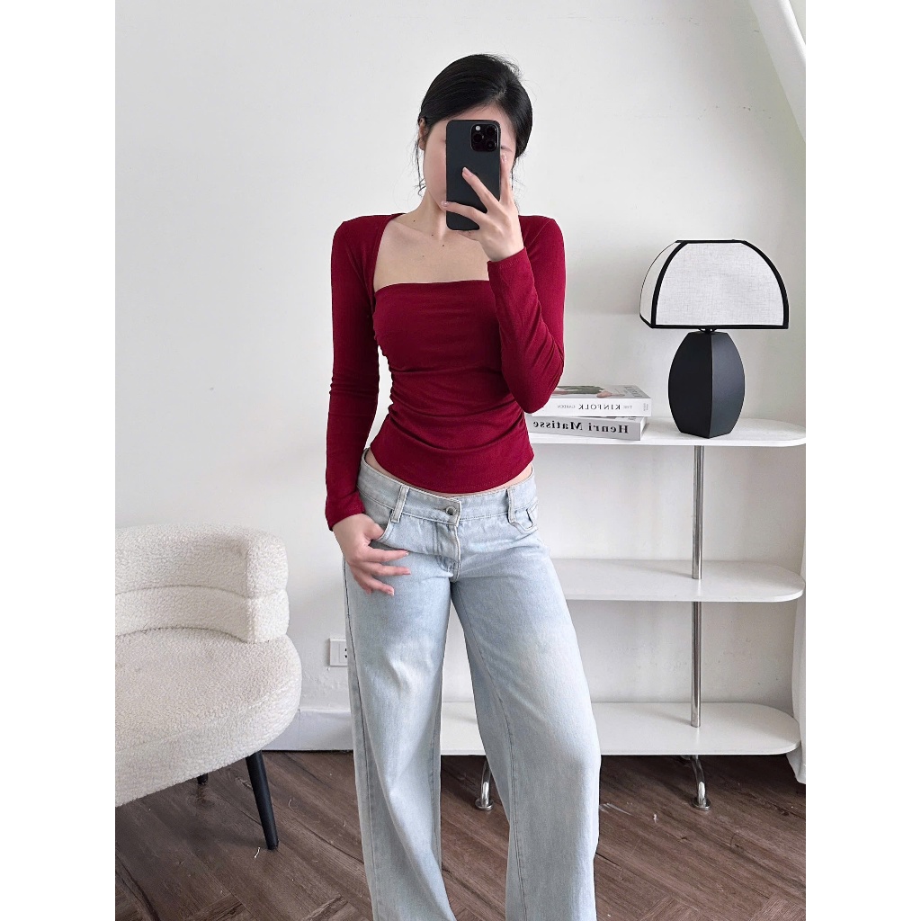 [ข้อเสนอใหม่] เสื้อยืดคอเหลี่ยมแขนยาวผู้หญิงพร้อม SHRINK WAIST