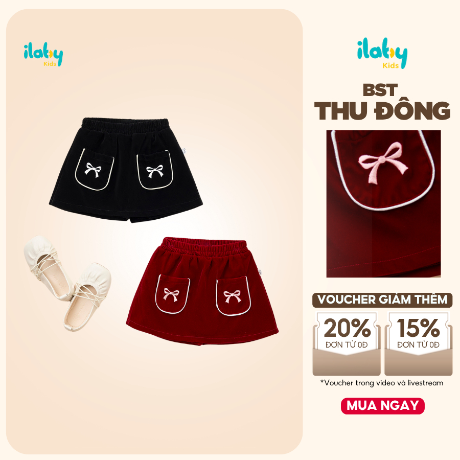 อิบาบี้ กระโปรงเด็กผู้หญิงวัสดุกํามะหยี่นุ่มปักโบว์ออกแบบกระเป๋าชายน่ารัก [3366]