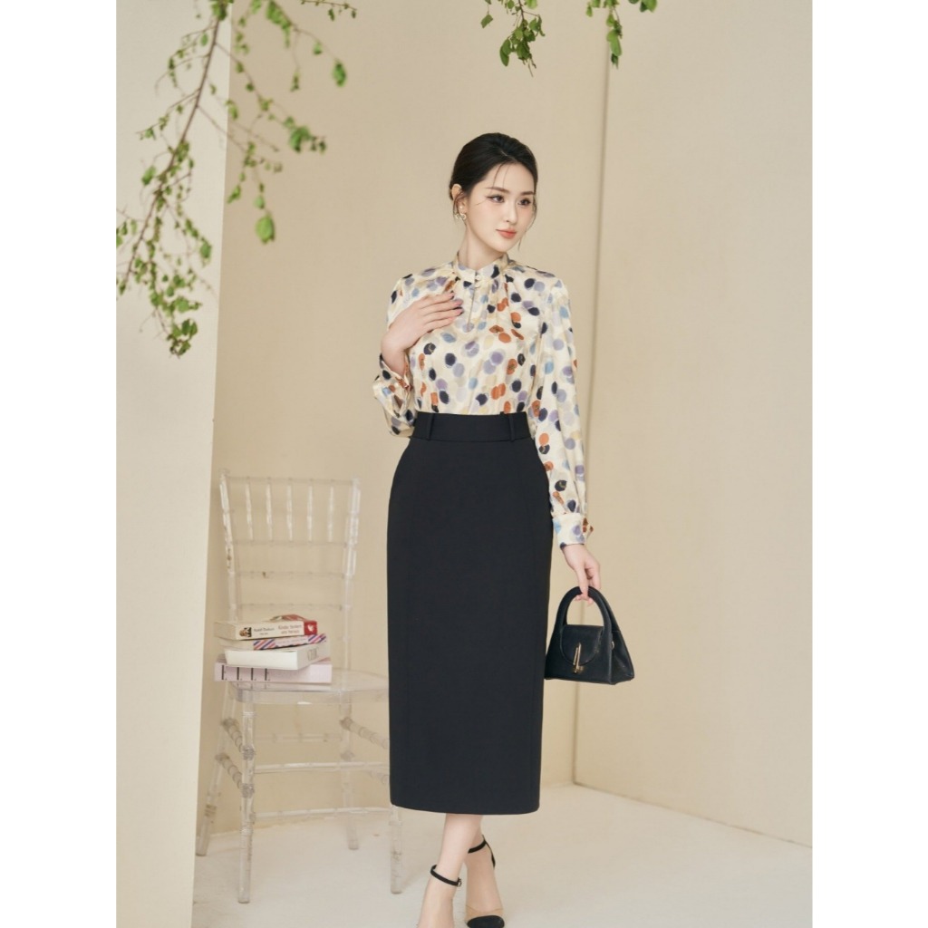 CHARMILLES Set เสื้อคอปกหยิกลายผสม - กระโปรงทรงดินสอชายแยกด้านหลัง 25MA014BO - 25MC018.2DE