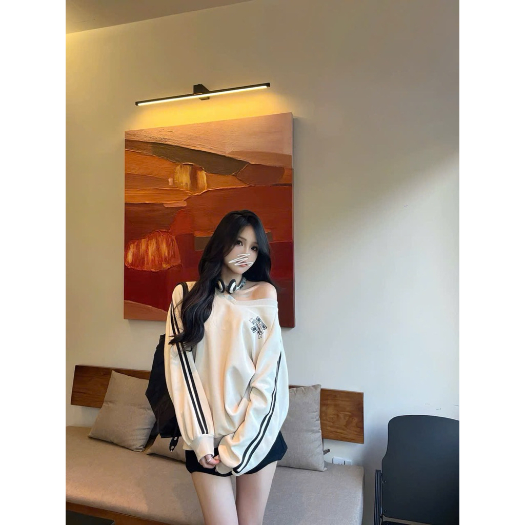 เสี่ยวลู | เสื้อสเวตเตอร์ลายทางคอวีทรงหลวมสําหรับผู้หญิงสไตล์อเมริกัน X336