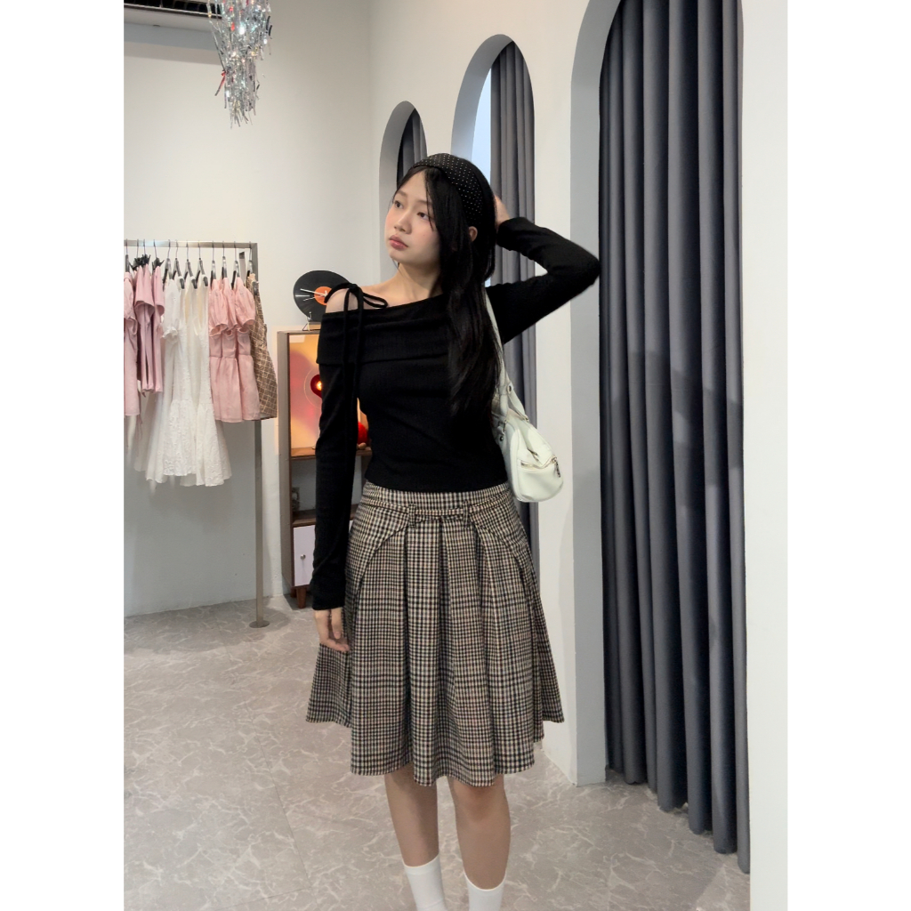 Sable Skirt - กระโปรงลายสก๊อตจีบยาวปานกลางสําหรับผู้หญิง nhien.official BV166