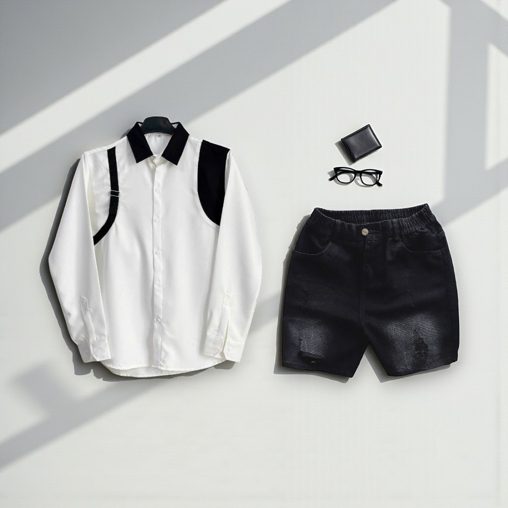 TOMANO ชุดสูทผู้ชายชุดกางเกงขาสั้นผ้ายีนส์หนาพร้อมเสื้อแขนยาวผ้าฝ้ายคอปกเปิดลง - JT1DCT6