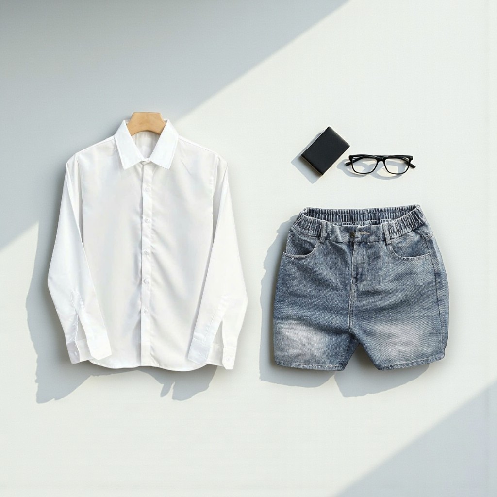 TOMANO ชุดสูทผู้ชายชุดกางเกงขาสั้นผ้ายีนส์หนาพร้อมเสื้อแขนยาวผ้าฝ้ายคอปกเปิดลง - JT1DCT15