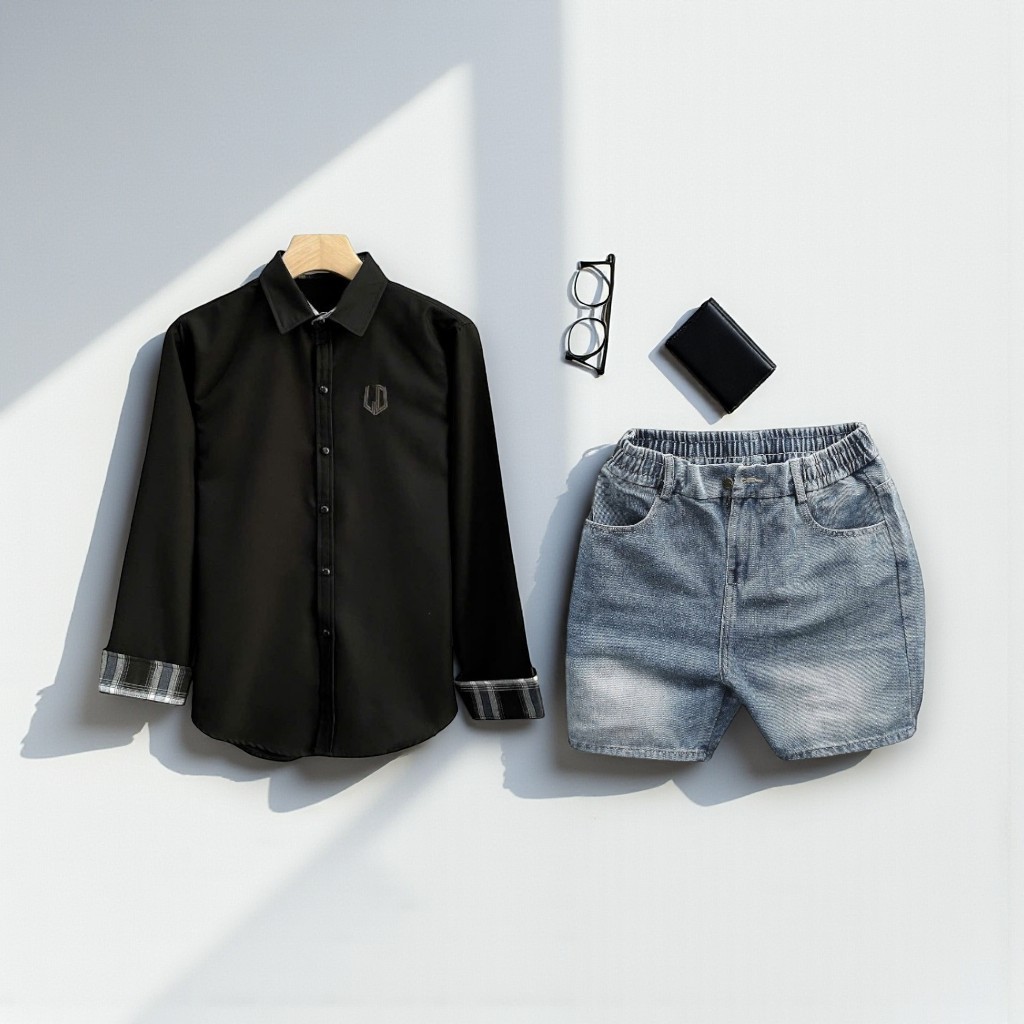 TOMANO ชุดสูทผู้ชายชุดกางเกงขาสั้นผ้ายีนส์หนาพร้อมเสื้อแขนยาวผ้าฝ้ายคอปกเปิดลง - JT1DCT29