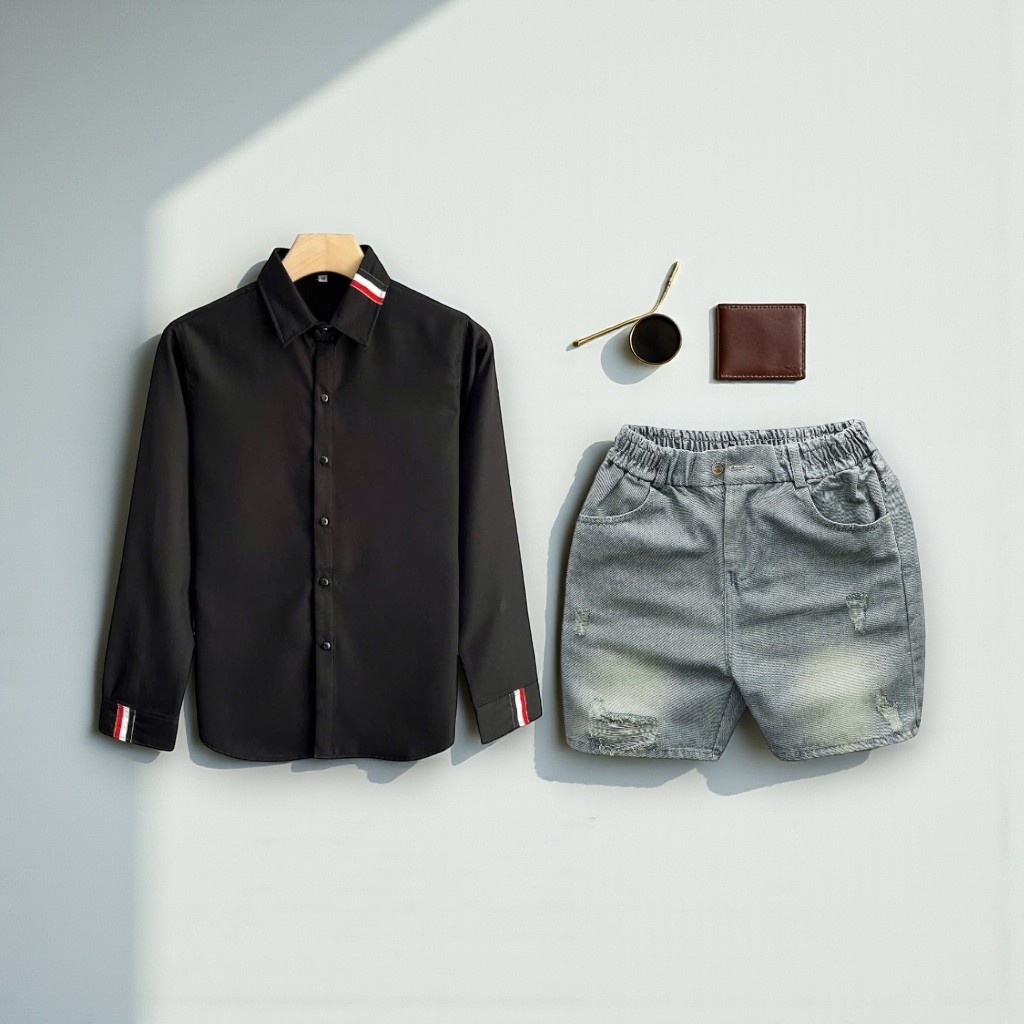 TOMANO ชุดสูทผู้ชายชุดกางเกงขาสั้นผ้ายีนส์หนาพร้อมเสื้อแขนยาวผ้าฝ้ายคอปกเปิดลง - JT1DCT31