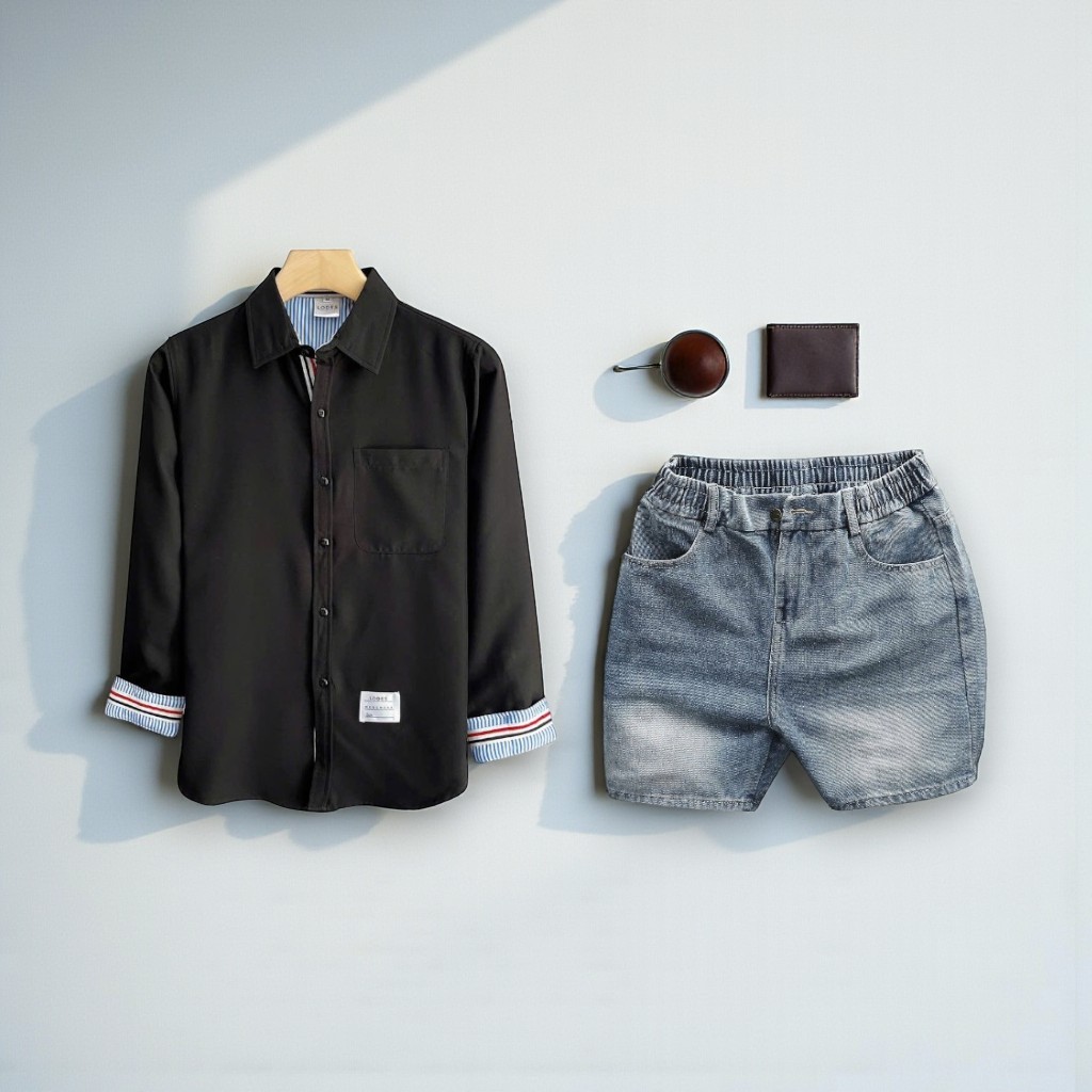 TOMANO ชุดสูทผู้ชายชุดกางเกงขาสั้นผ้ายีนส์หนาพร้อมเสื้อแขนยาวผ้าฝ้ายคอปกเปิดลง - JT1DCT33