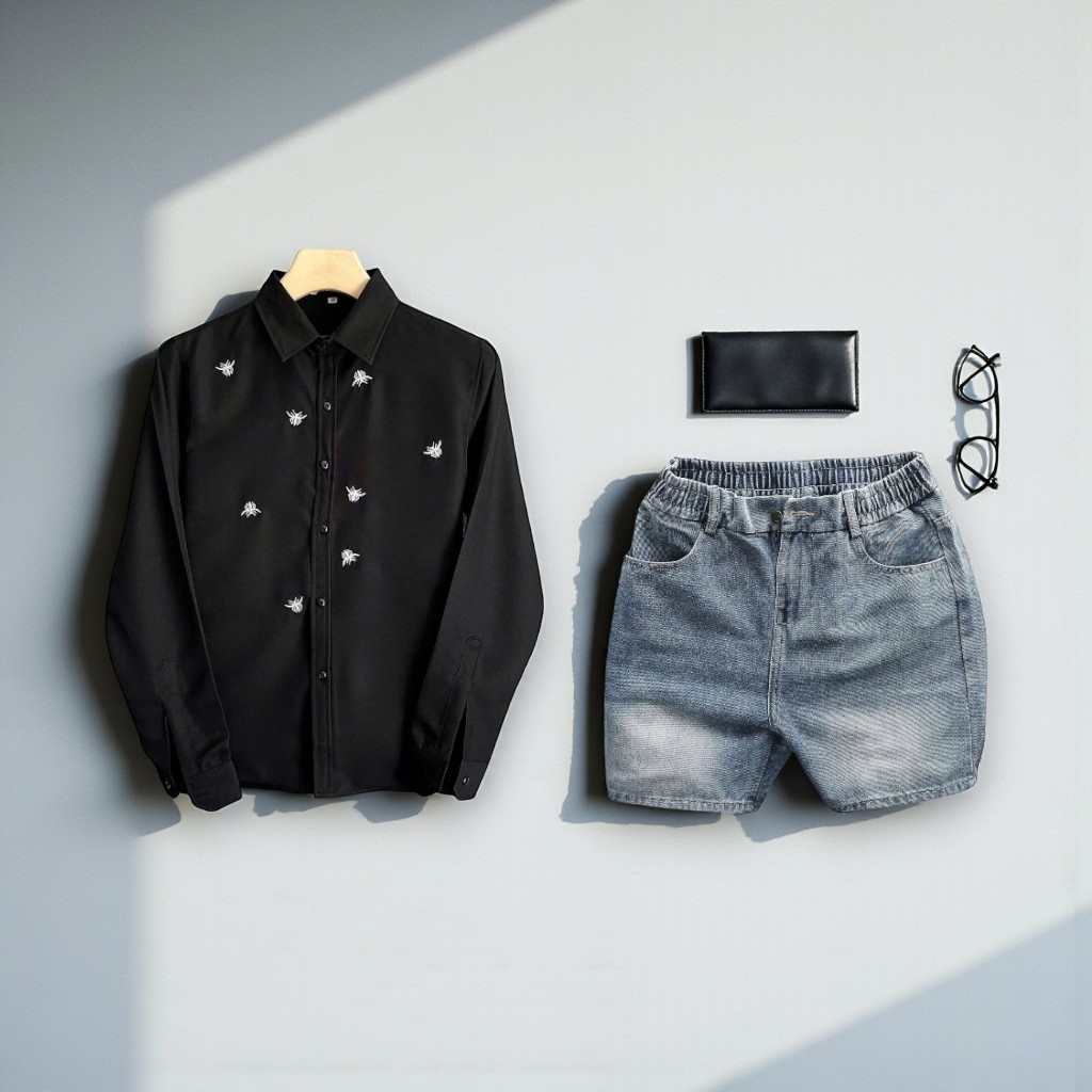 TOMANO ชุดสูทผู้ชายชุดกางเกงขาสั้นผ้ายีนส์หนาพร้อมเสื้อแขนยาวผ้าฝ้ายคอปกเปิดลง - JT1DCT40