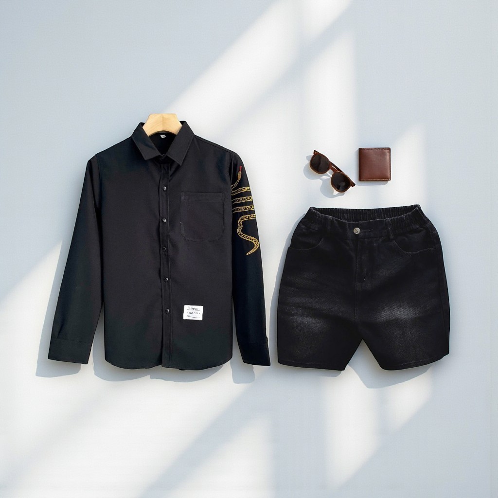 TOMANO ชุดสูทผู้ชายชุดกางเกงขาสั้นผ้ายีนส์หนาพร้อมเสื้อแขนยาวผ้าฝ้ายคอปกเปิดลง - JT1DCT45