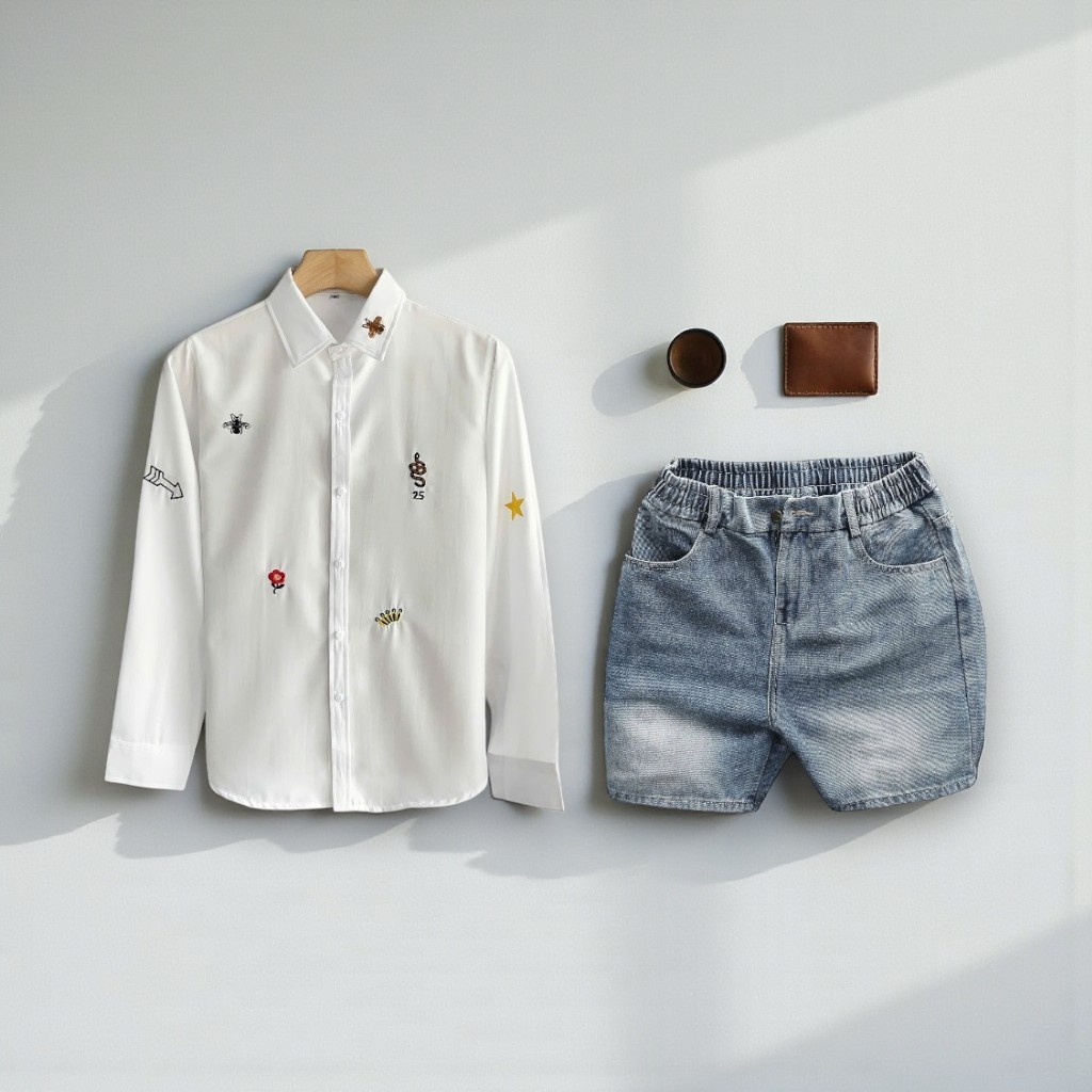 TOMANO ชุดสูทผู้ชายชุดกางเกงขาสั้นผ้ายีนส์หนาพร้อมเสื้อแขนยาวผ้าฝ้ายคอปกเปิดลง - JT1DCT46