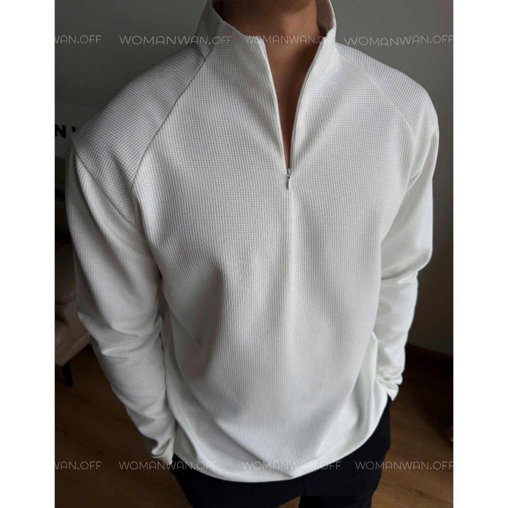 [LONG-SLEEVE ZIP HALF] เสื้อยืดแขนยาวผู้ชาย HALF-Zip – WOMAN WAN ผ้ารังผึ้ง ทรงมาตรฐาน Dynamic