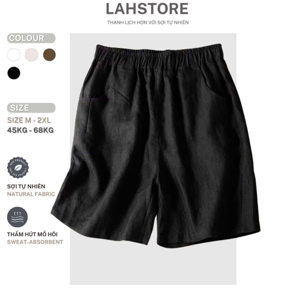 LAHSTORE กางเกงขาสั้นขากว้างผ้าดิบเอวสูงและกระเป๋าเอวยางยืด QS06 (สีดํา)