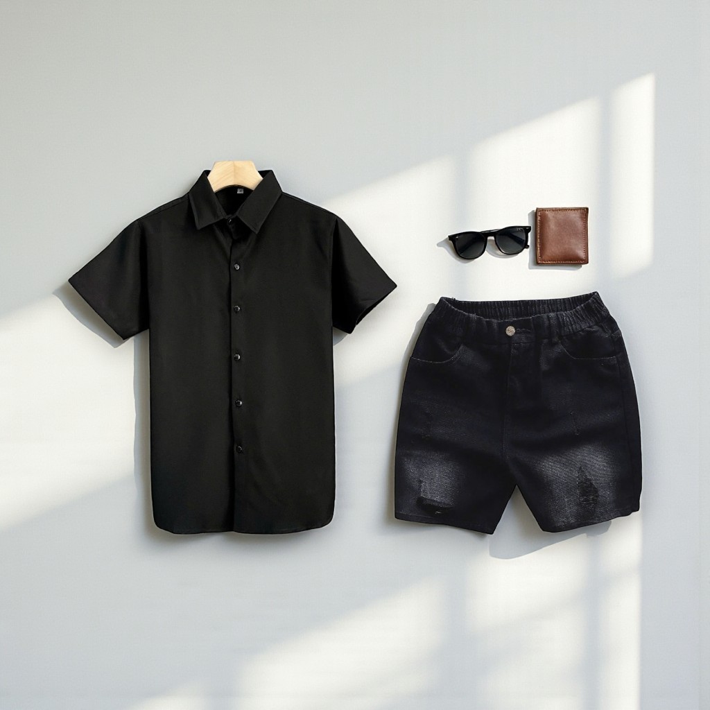 TOMANO ชุดสูทผู้ชายชุดกางเกงขาสั้นผ้ายีนส์หนาพร้อมเสื้อแขนสั้นผ้าฝ้ายคอปกเปิดลง - JT1NCT8