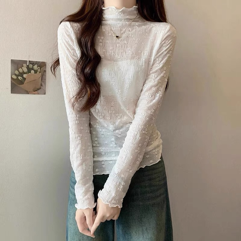 [STRAIGHT SHIRT INCLUDED] เสื้อลูกไม้ความร้อนคอ 3 ซม. นุ่มยืดสําหรับผู้หญิง ชํารุดง่าย QNT88