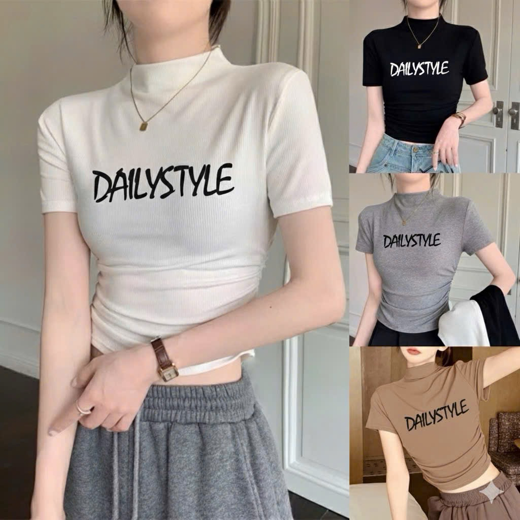 เสื้อยืดคอเต่าแขนสั้นพิมพ์ลาย RISE-WAIST LETTERS LN DAILY