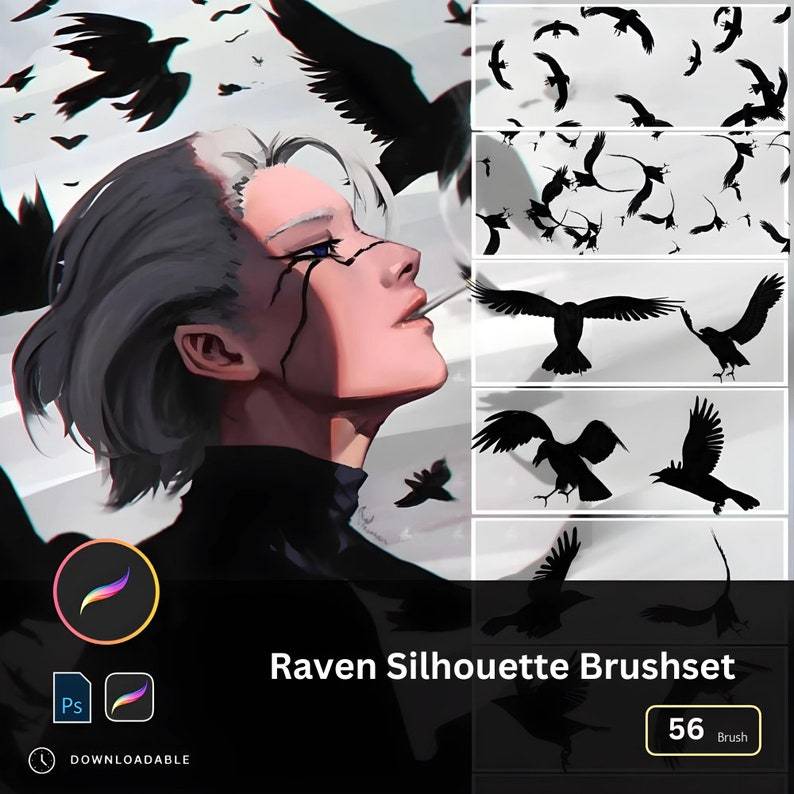 56 Anime Crow Shadow Brushes สําหรับ PS & Procreate