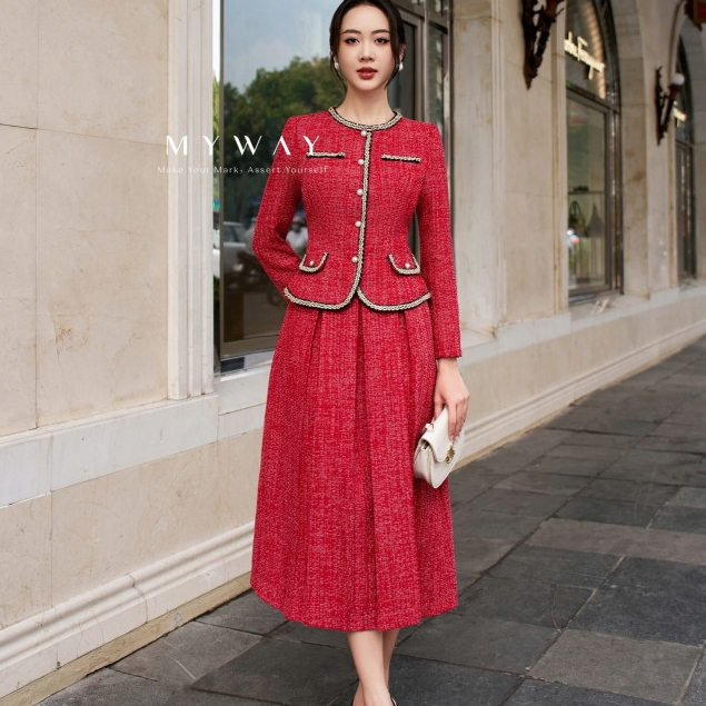 MY WAY ชุดเสื้อกั๊กผู้หญิงกระโปรงบานรอบคอ Tweed ชุดราตรีหรูหรา Pearl ปุ่ม Hem 6MVB0259 - 6MCXB2207 -