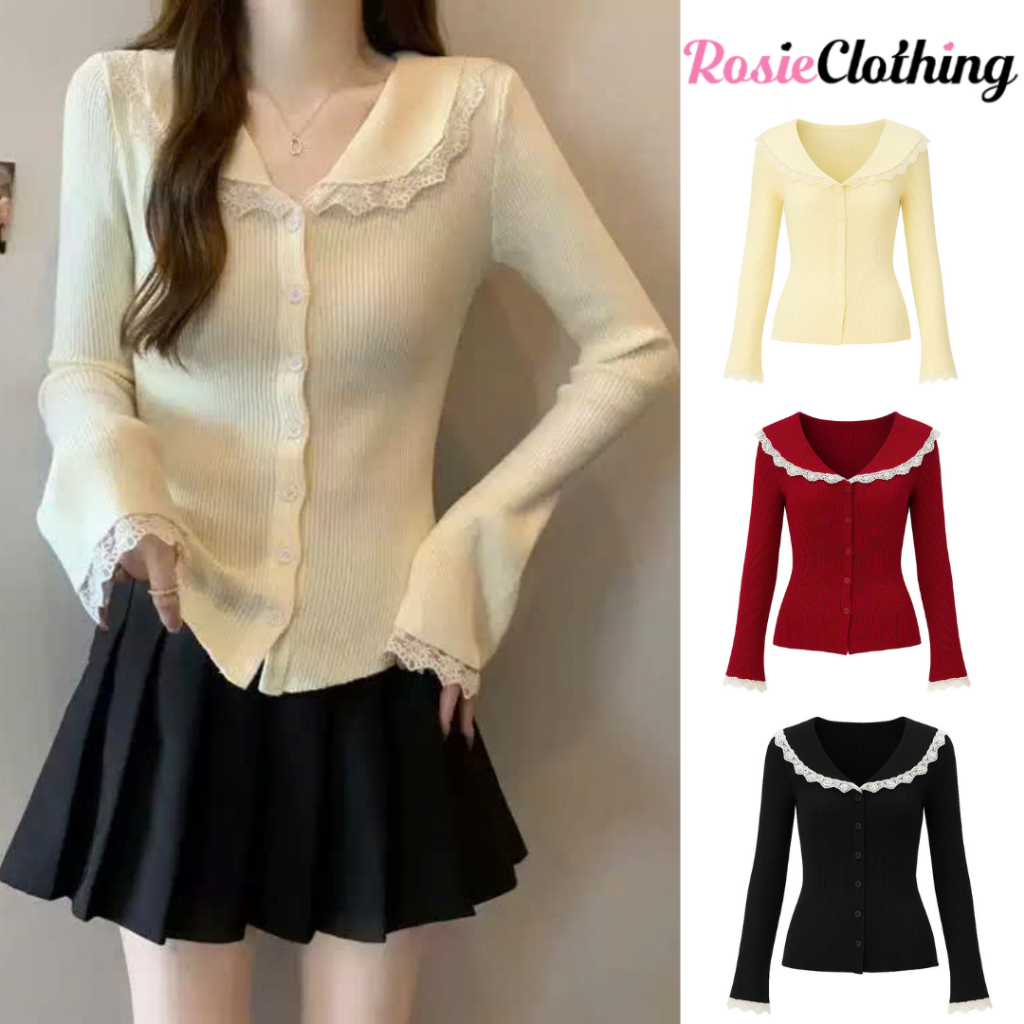 เสื้อเชิ้ตแขนยาวบานผู้หญิงผ้าขนสัตว์ยืดหยุ่นคอปกเปิดลงผู้หญิงลูกไม้กระดุม WDT008